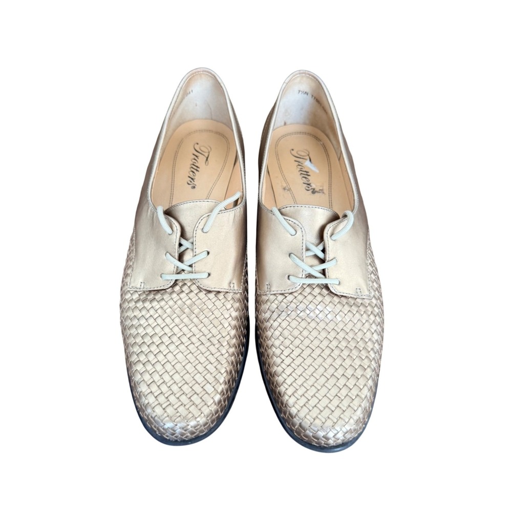 Trotters Womens Metallic Gold Woven Leather Lace Up Oxford Shoes Women Size 7.5N